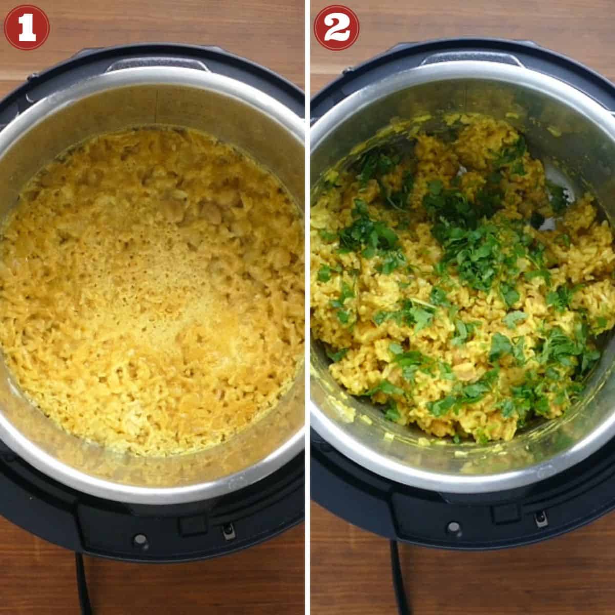 Instant Pot Vegetarian Risotto collage - cooked risotto, stirred with cilantro.
