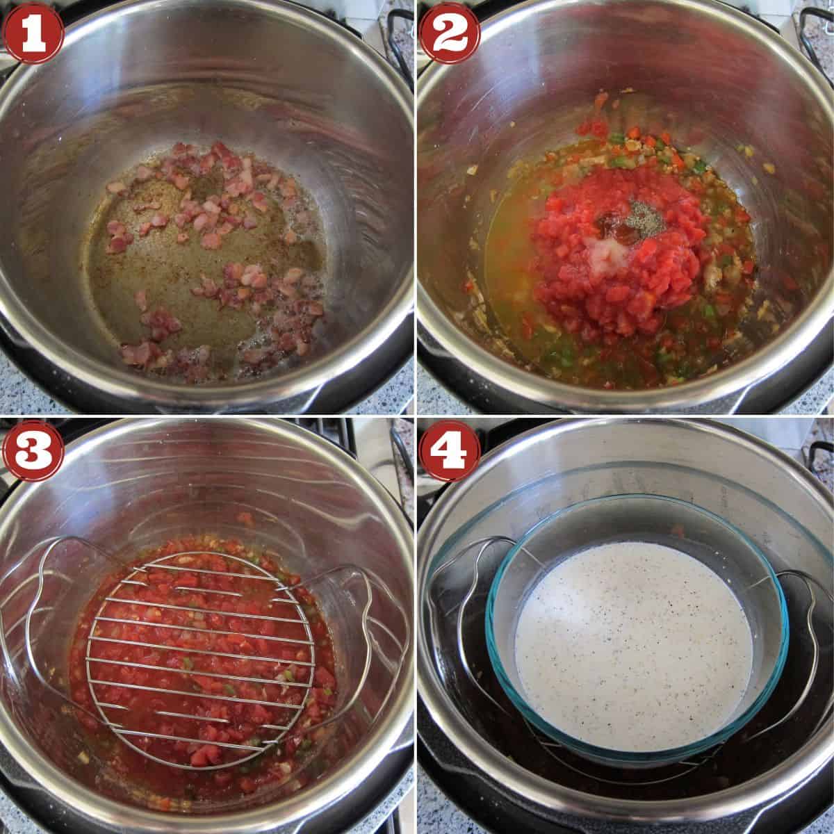 Instant Pot shrimp and grits instructions - saute bacon, saute vegetables, place grits in dish on trivet