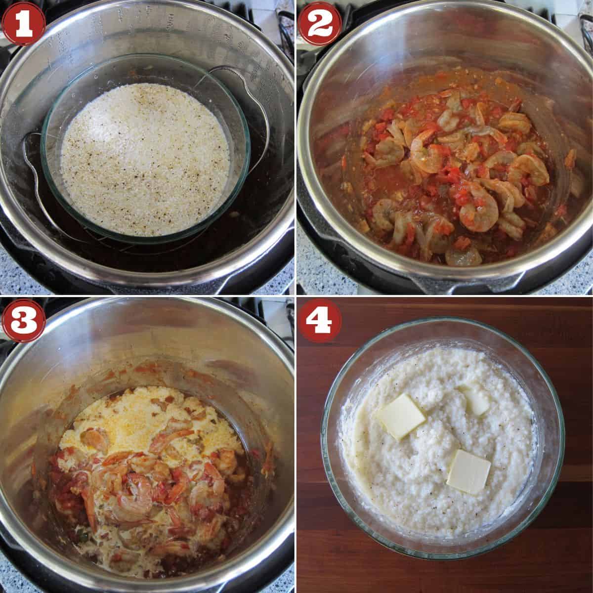 Instant Pot shrimp and grits instructions - cooked grits, add shrimp and cream to sauce, add butter to grits.