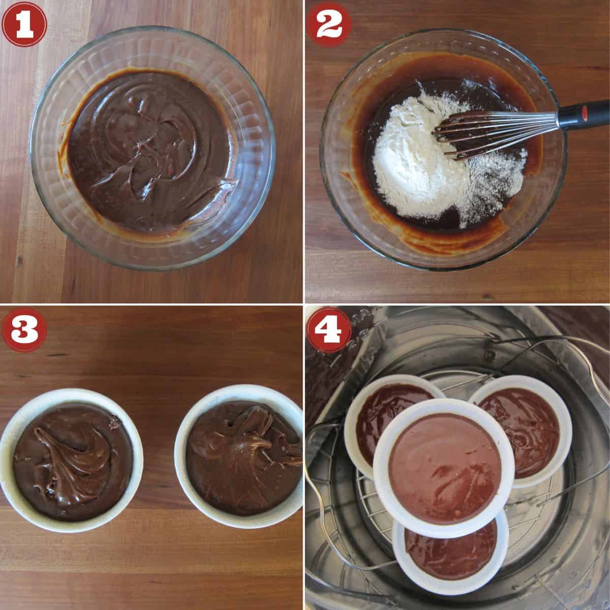 Instant pot lava cakes collage - batter, flour, in ramekings, on trivet.