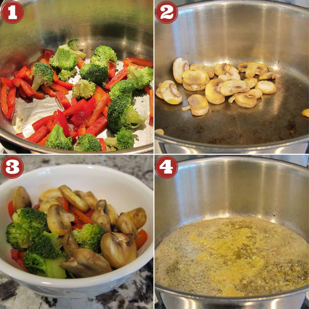 Shrimp Broccoli Mushroom Pasta collage - vegetables sauteed, set aside, butter and garlic.