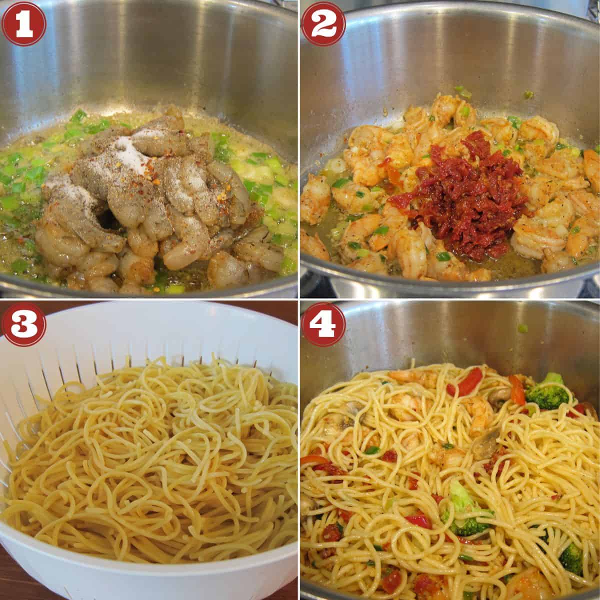 Shrimp Broccoli Mushroom Pasta collage - shrimp in butter, sundried tomatoes, cooked spaghetti, and all ingredients stirred.