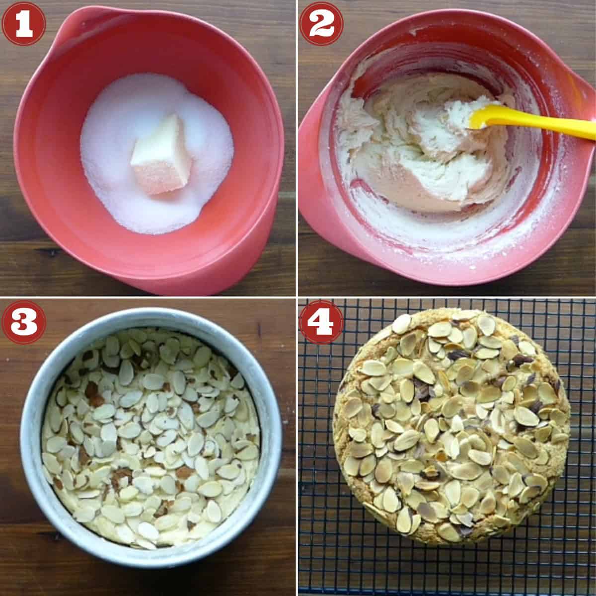 Swedish visiting cake instructions collage - butter and sugar, batter mixed, cake in pan, cake on rack.