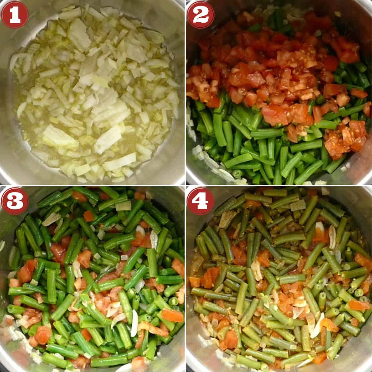 Taze fasulye Turkish green beans Instruction collage - onions and garlic, beans and tomatoes, stirred, cooked.