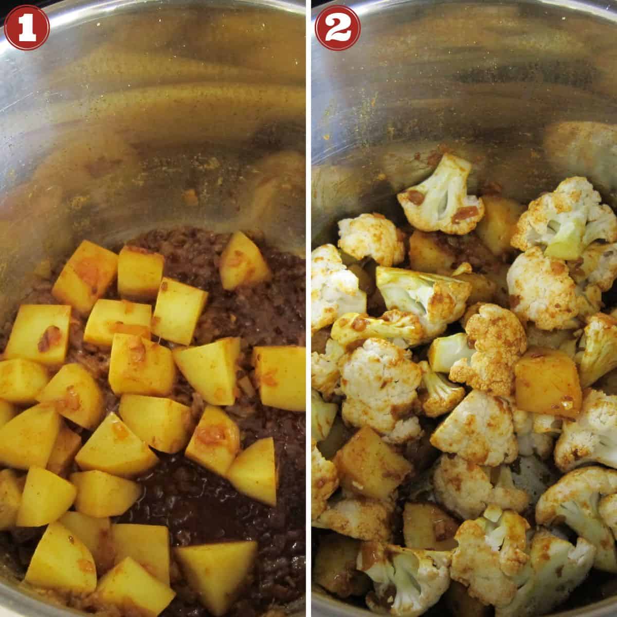 Instant Pot Aloo Gobi collage - potatoes cooked, cauliflower added.