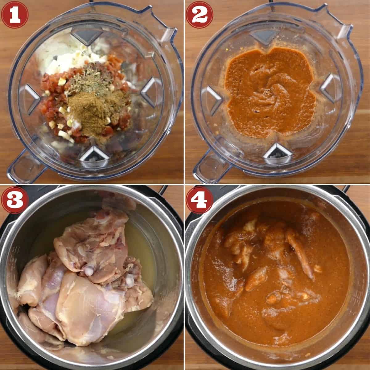 Instant Pot chicken tinga instruction collage - marinade ingredients in blended, chicken in sauce.