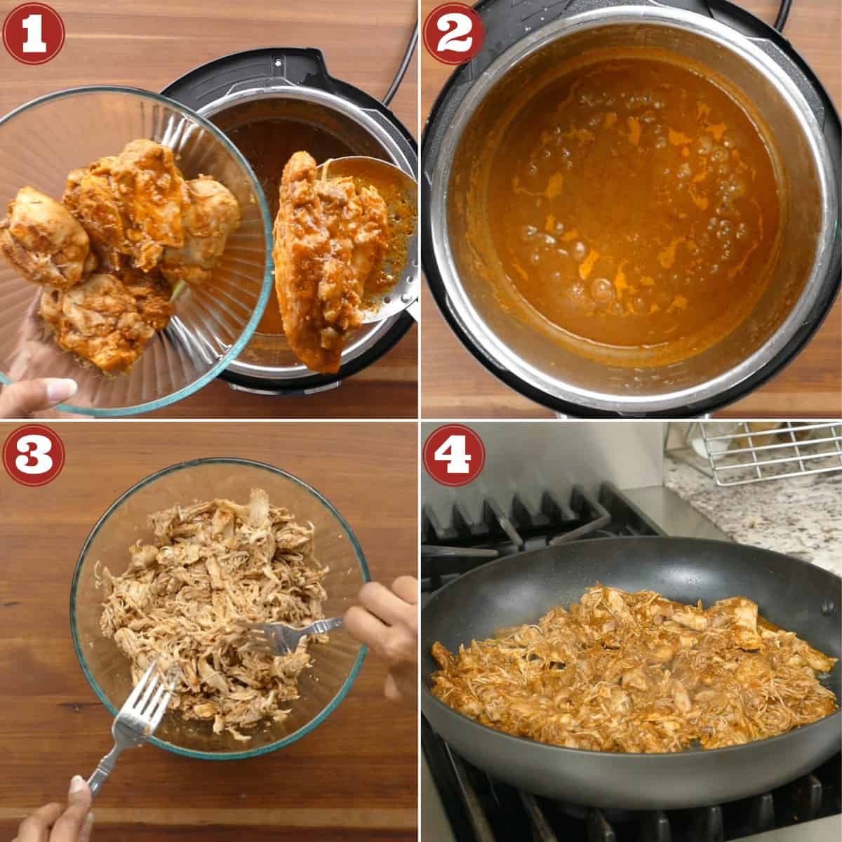 Instant Pot chicken tinga instruction collage - remove chicken, reduce sauce, shred and saute chicken.