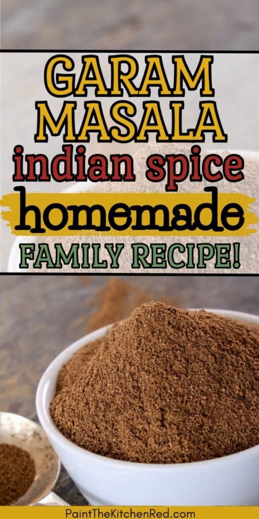 Garam masala in a bowl heaping mound with text "garam masala Indian spice homemade family recipe"