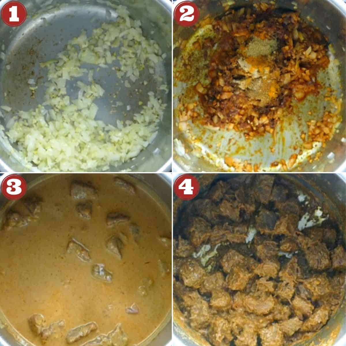 Beef rendang instructions collage - saute onions, saute spices, add coconut and beef, cook till tender.