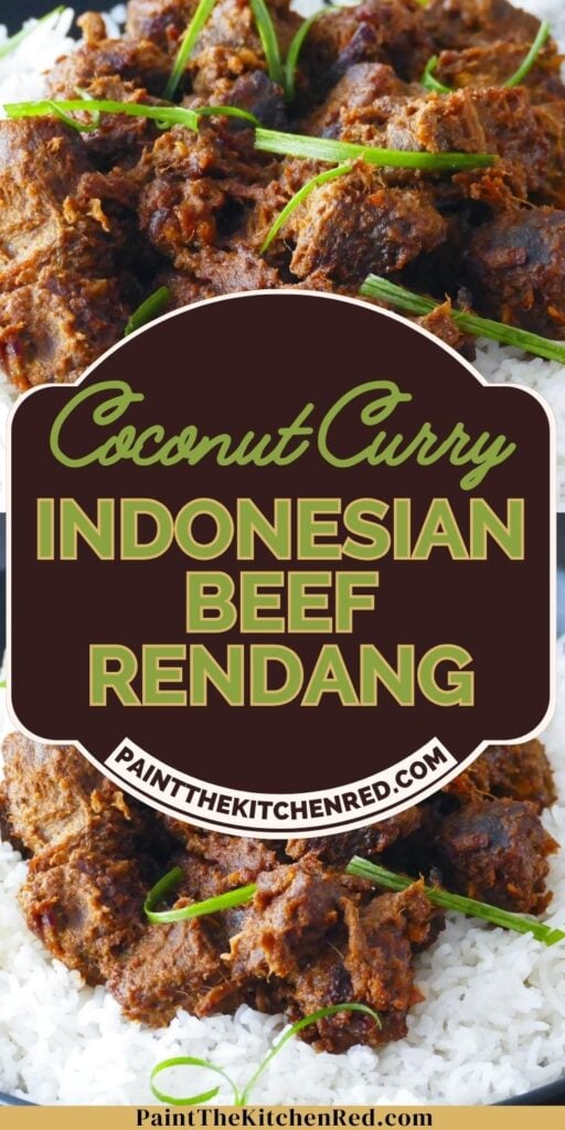 Coconut curry Indonesian beef rendang on white rice.