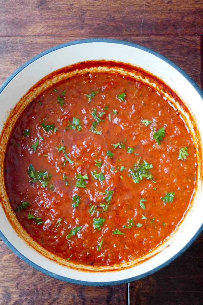 Marinara sauce in a large pot.