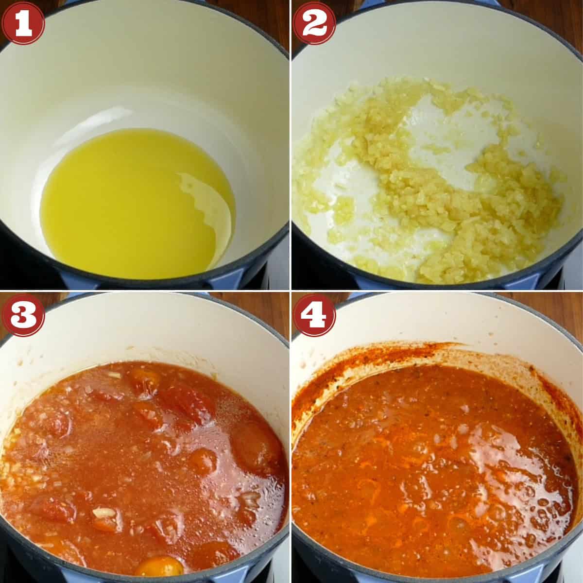 Collage of cooking steps for san marzano sauce pasta sauce.