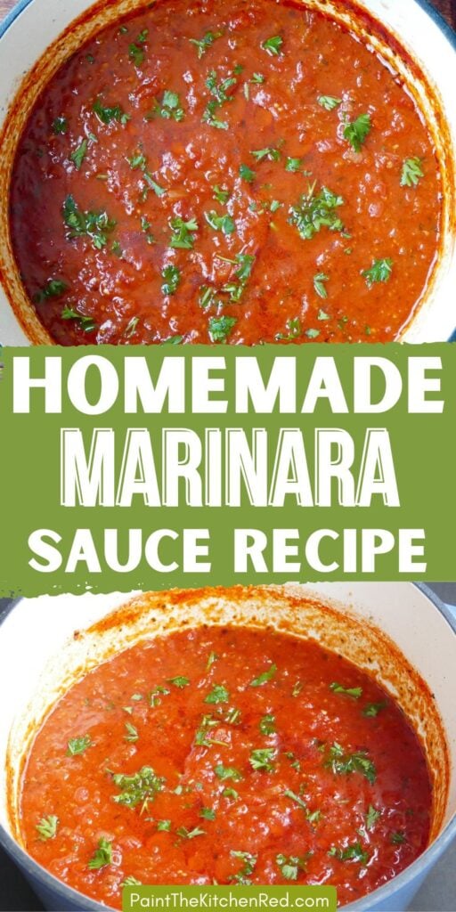 Marinara sauce in a large pot with text "homemade marinara sauce recipe".