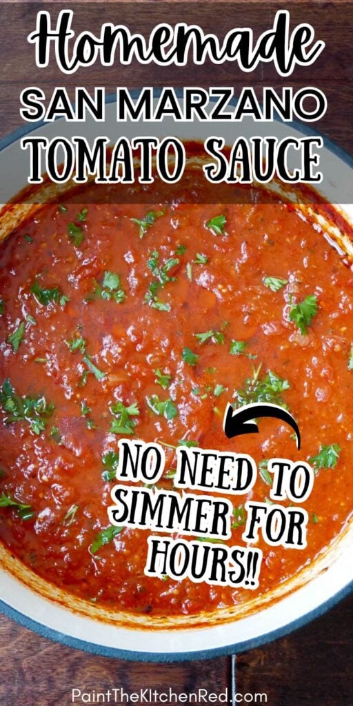 Marinara sauce in a large pot with text "homemade san marzano tomato sauce not need to simmer for hours!!"