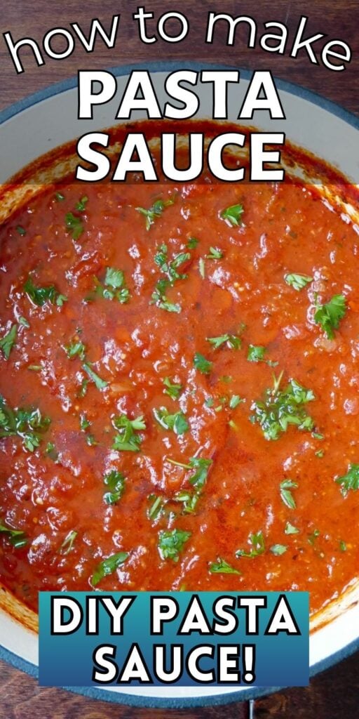 Marinara sauce in a large pot with text "how to make pasta sauce DIY pasta sauce!"