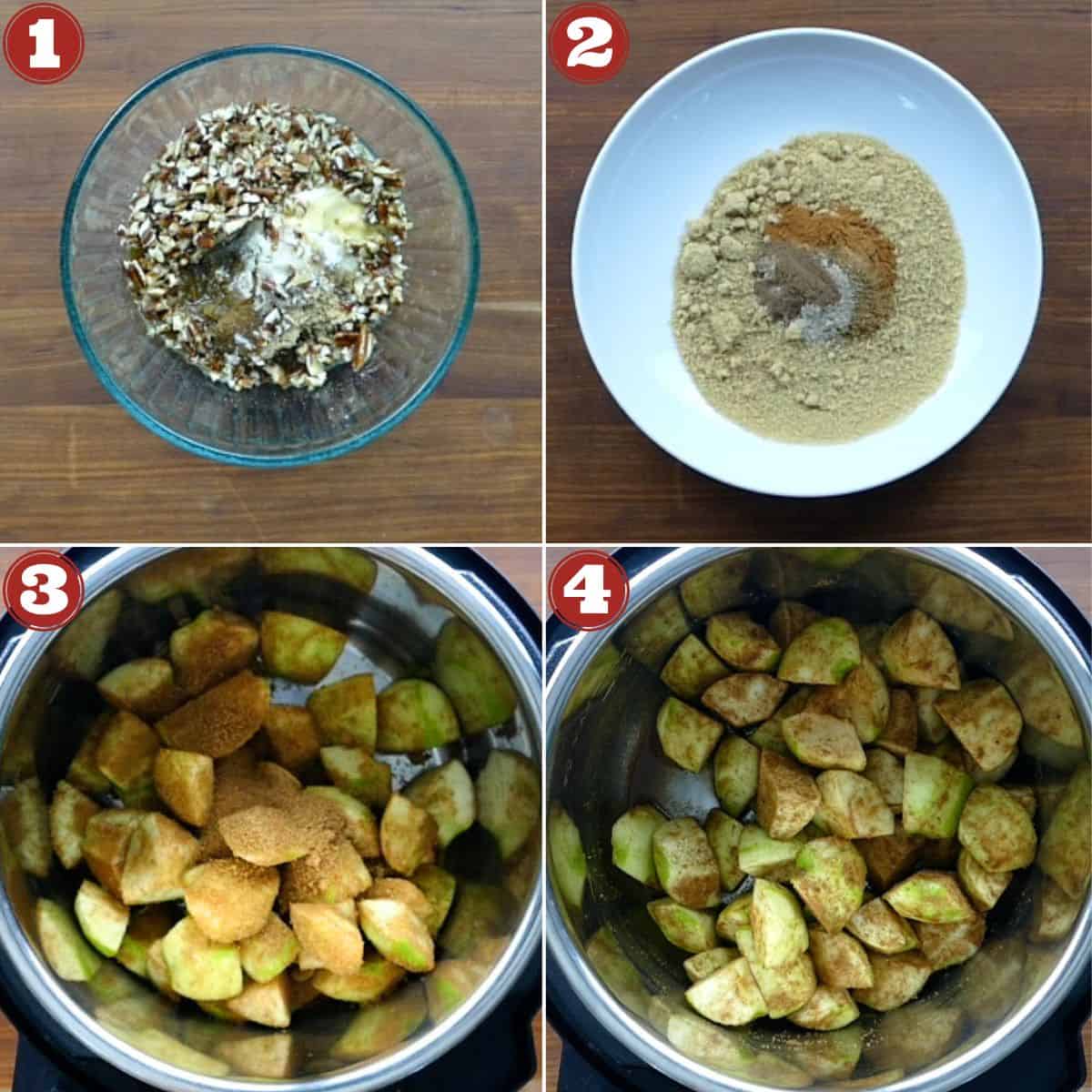 Instant Pot apple crisp instruction collage - streusel, topping, apples with topping.