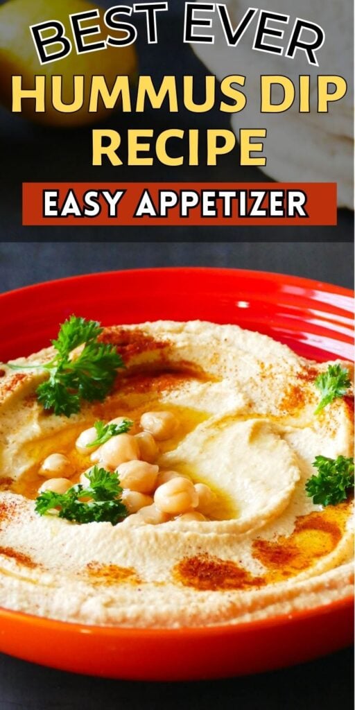 Lebanese Hummus in bowl with text best ever hummus dip recipe easy appetizer.