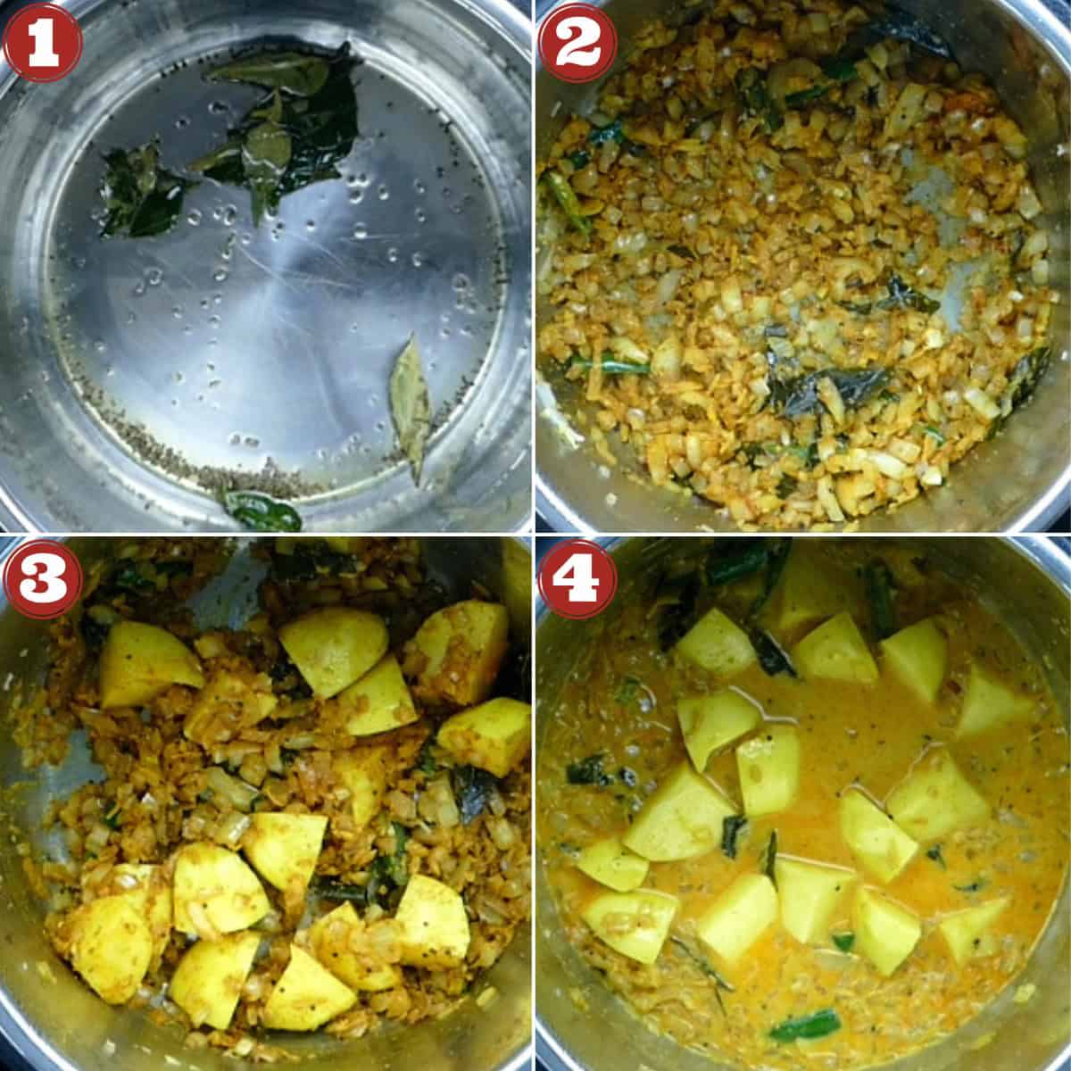 Egg curry collage - curry leaves fried, onions, potatoes, liquid added.