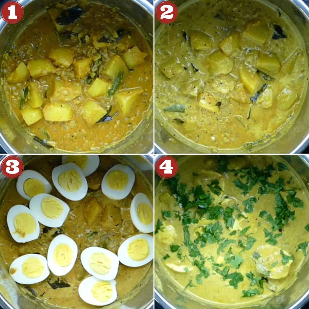 Kerala Egg Curry Collage - Cooked potatoes, added coconut milk, eggs, and cilantro.