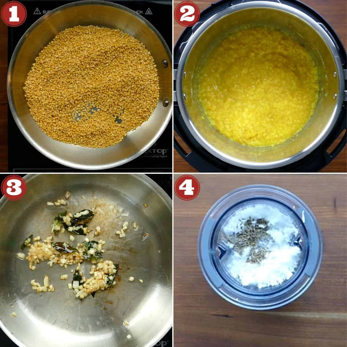 Kerala parippu curry collage - sauteed lentils, cooked lentils, sauteed onions, coconut in blender.