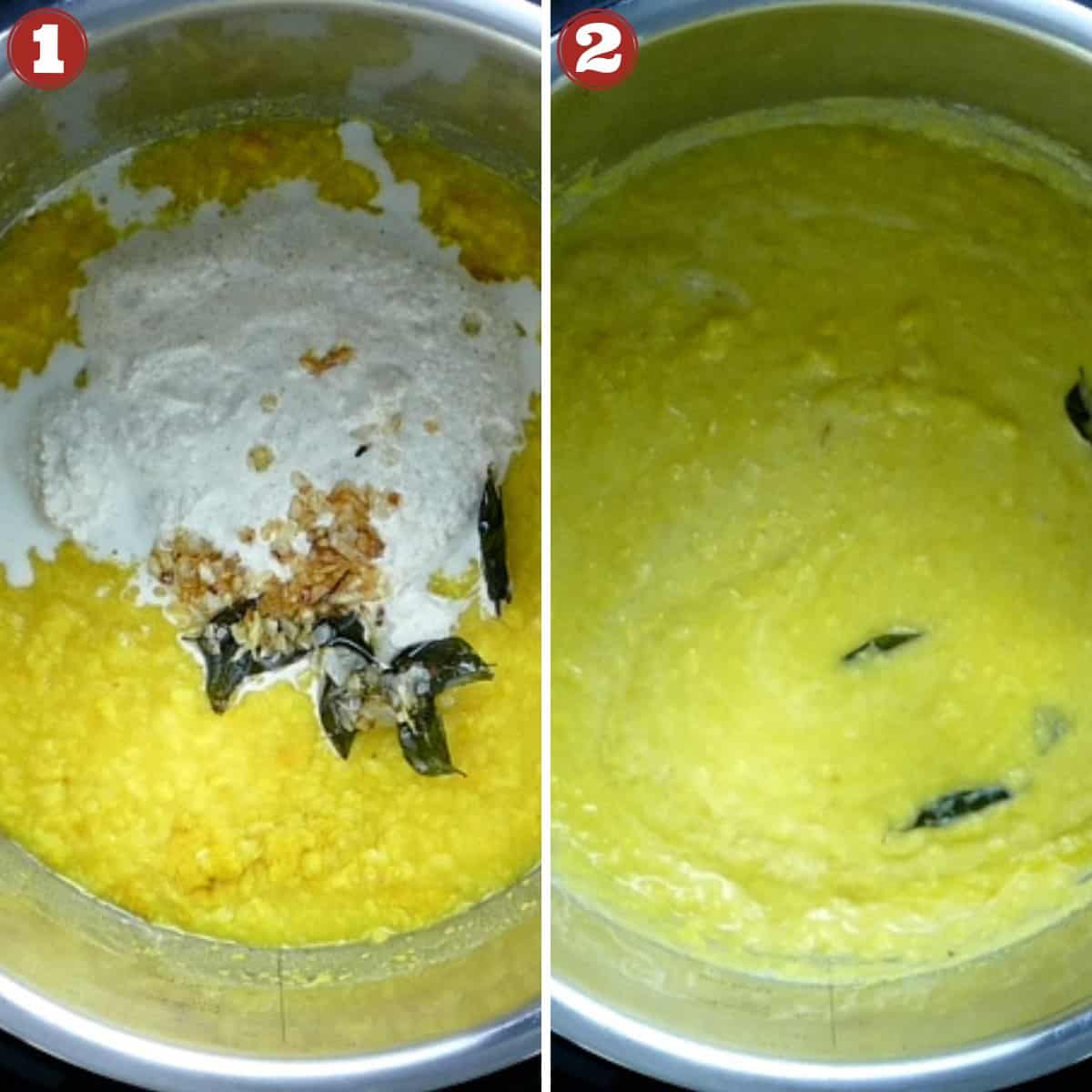 Kerala parippu curry collage - coconut and onions in dal, stirred.