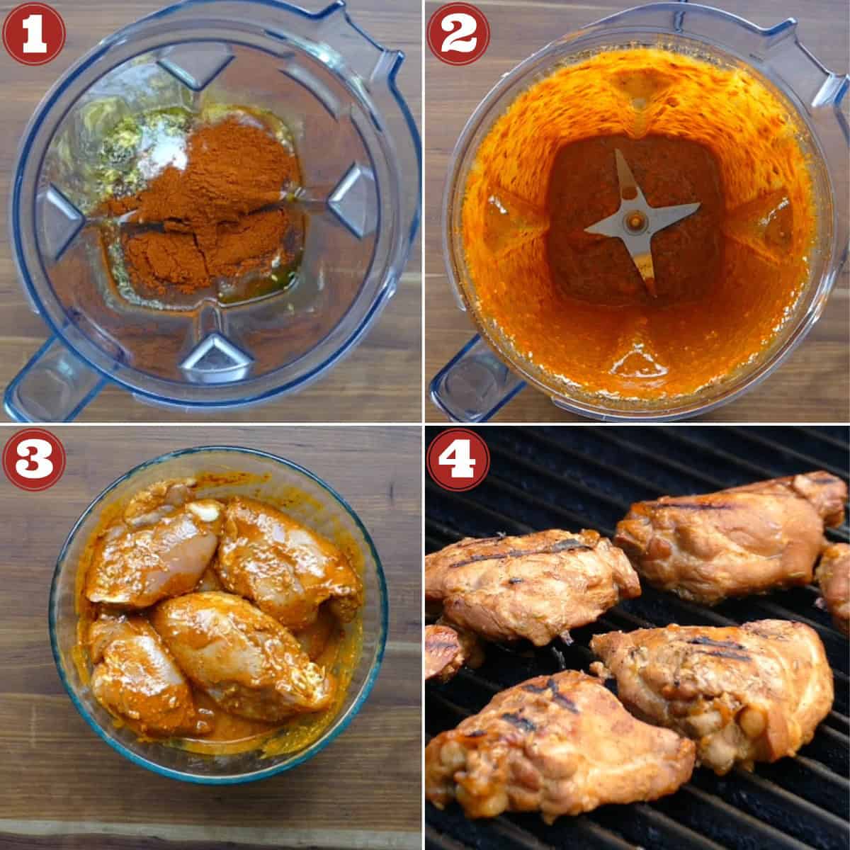 Peri peri chicken instructions collage - ingredients in blender, blended, chicken in marinade, on grill.