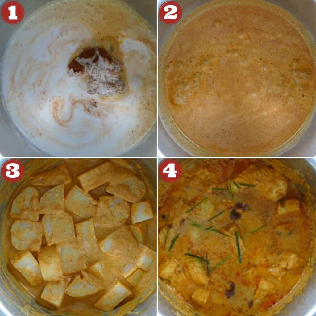 Thai Fish Curry Choo Chee Instructions collage - curry paste and coconut milk, stirred, fish added, fish cooked.