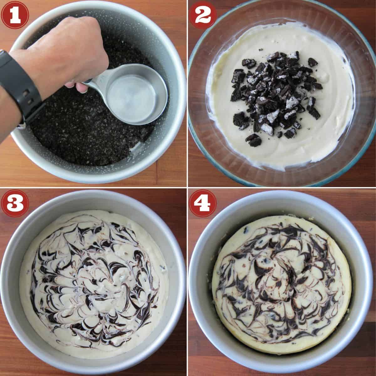 Instant Pot Oreo Cheesecake collage - press crushed oreos, batter with oreos, batter in pan uncooked, cooked Oreo cheesecake.