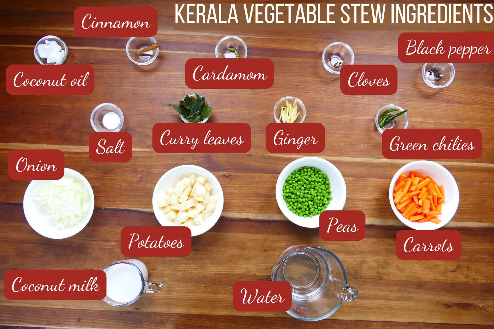 Kerala Vegetable Stew ingredients- cinnamaon, coconut oil, cardamom, cloves, black pepper, salt, curry leaves, ginger, green chilies, onion, potatoes, peas, carrots, coconut milk , water.