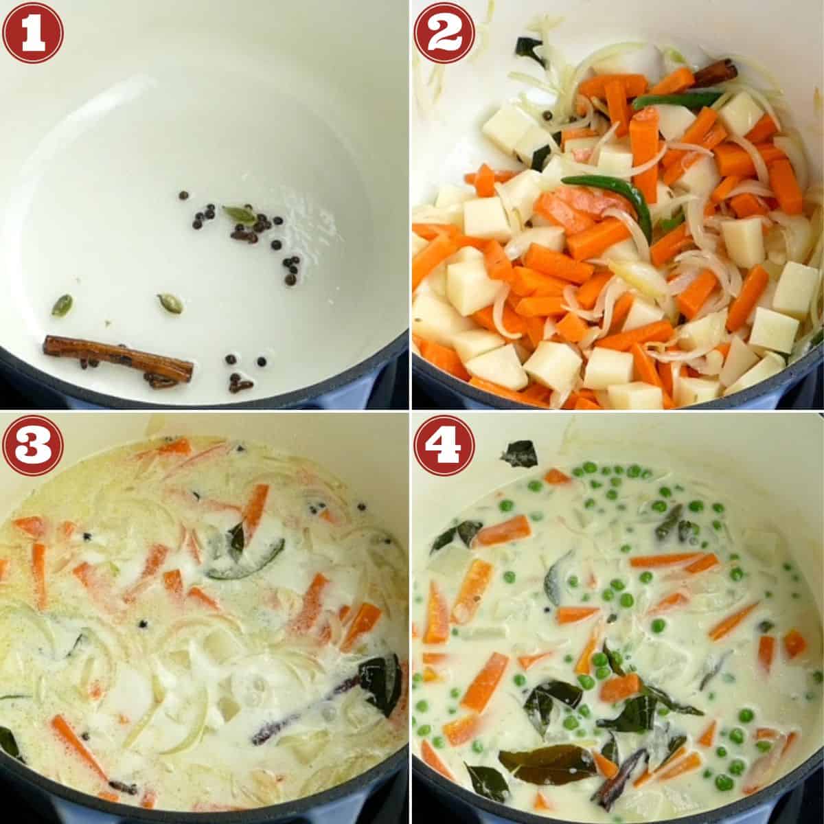 Kerala vegetable stew instruction collage - whole spices, vegetables, coconut milk, peas.