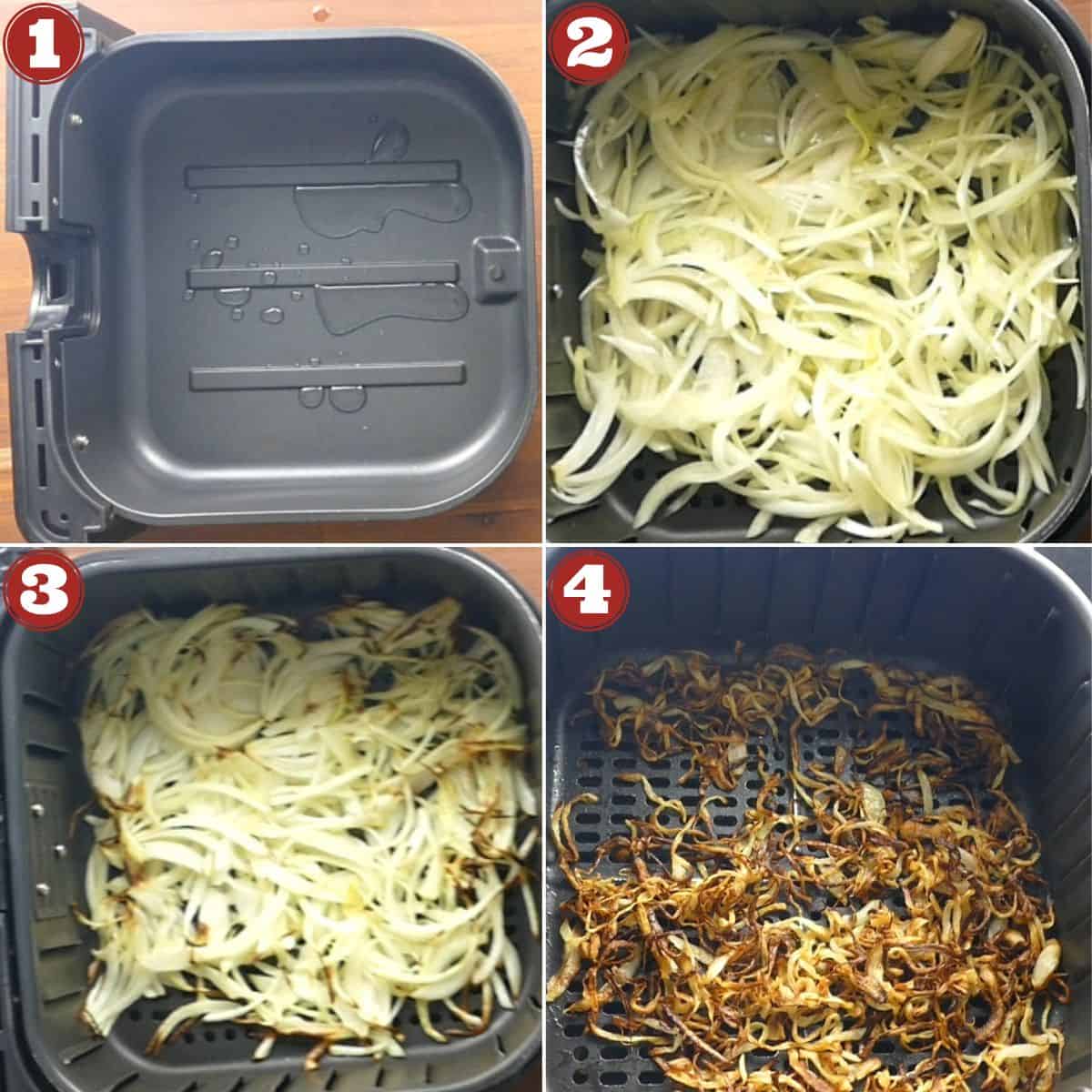Air fryer fried onions instructions collage: water in bottom of basket, onions in three stages of cooking.