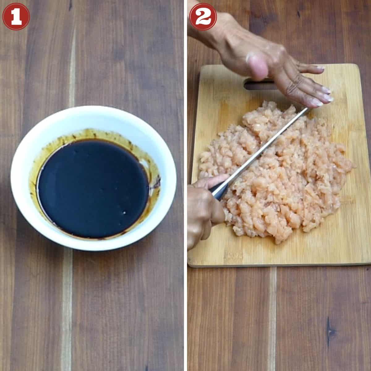 Thai basil chicken collage - sauces in a bowl, chicken being cut.