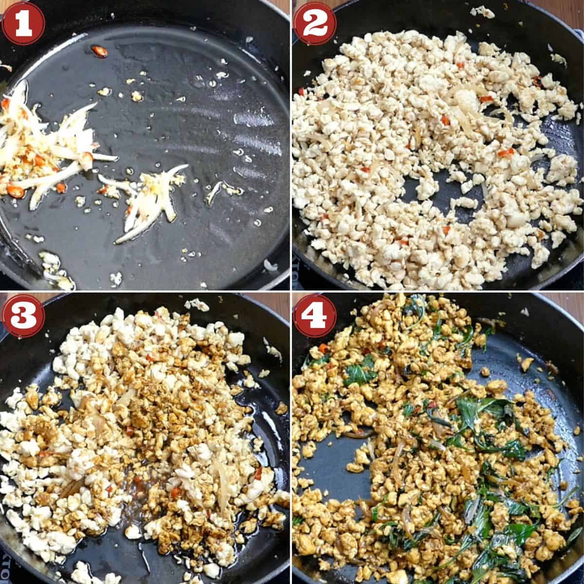 Thai basil chicken collage with cooking stages of onions, chicken and basil