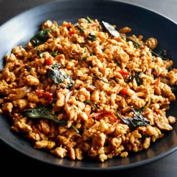 Thai basil chicken in a bowl.