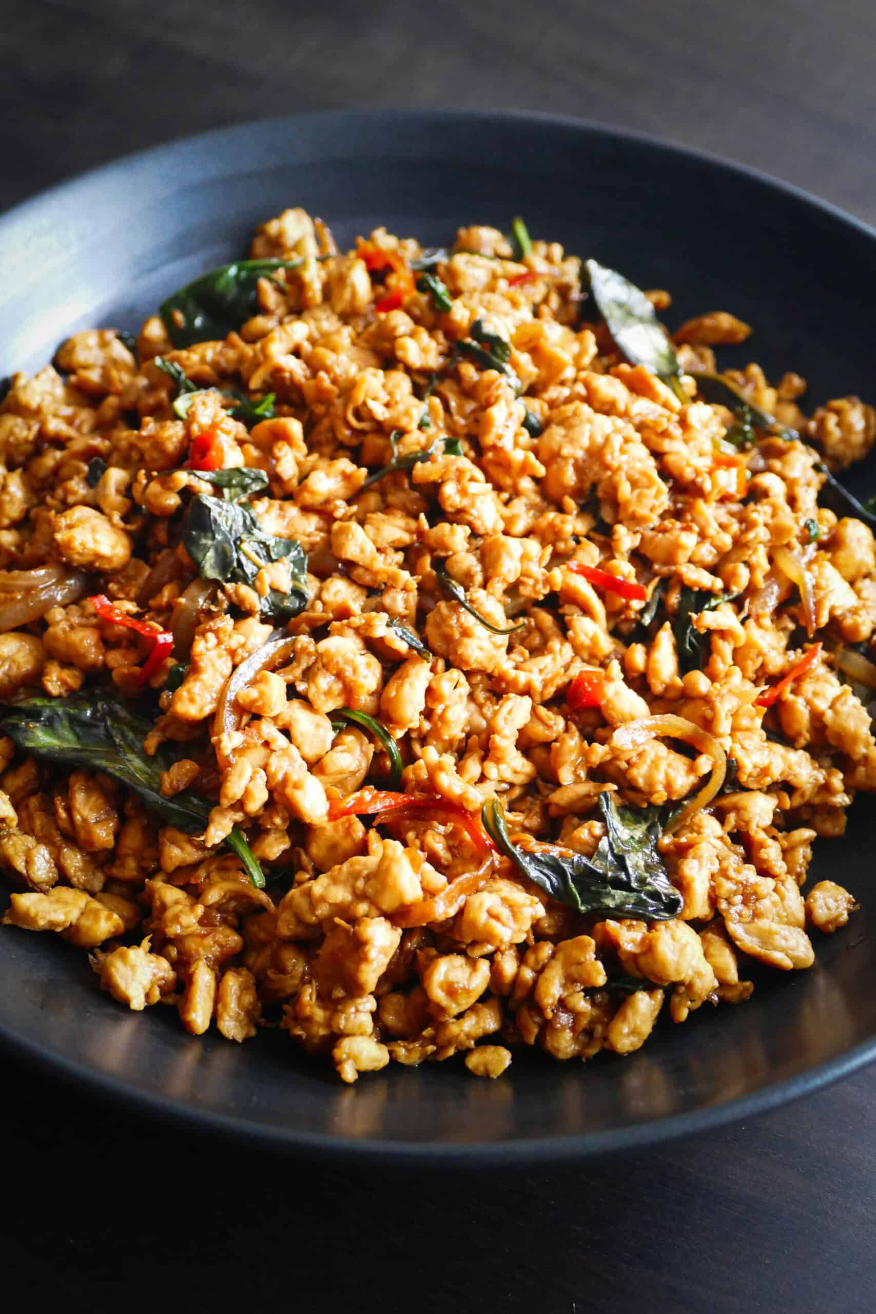 Thai basil chicken in a bowl.