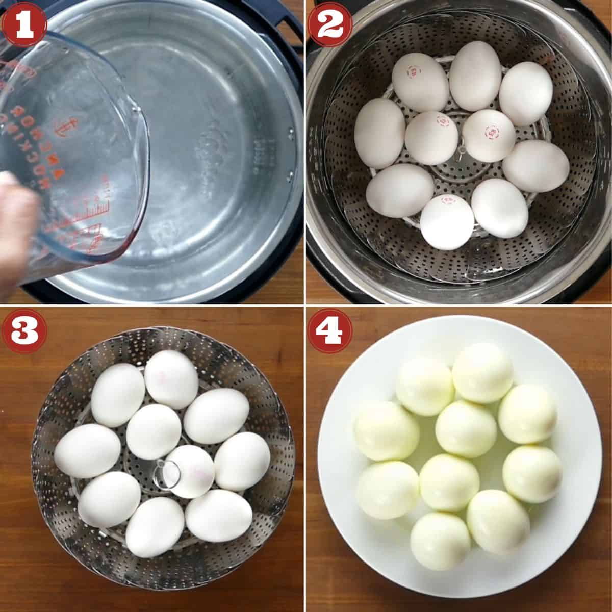 Instant Pot 1 minute hard boiled eggs collage with water in inner pot, eggs is basket in Instant Pot, boiled eggs, peeled eggs.