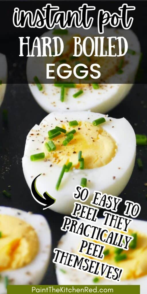 Instant Pot 1 minute hard boiled eggs pin with text instant pot hard boiled eggs so easy to peel they practically peel themselves!