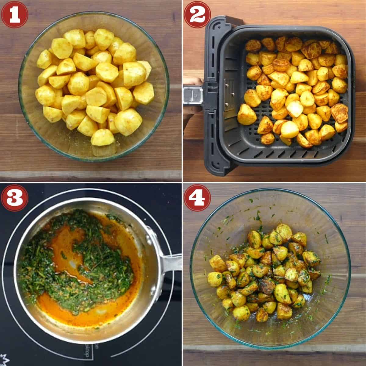 Batata harra collage with cooking stages of potatoes - bowl of potatoes, in air fryer, sauce on stove, potatoes mixed with sauce.