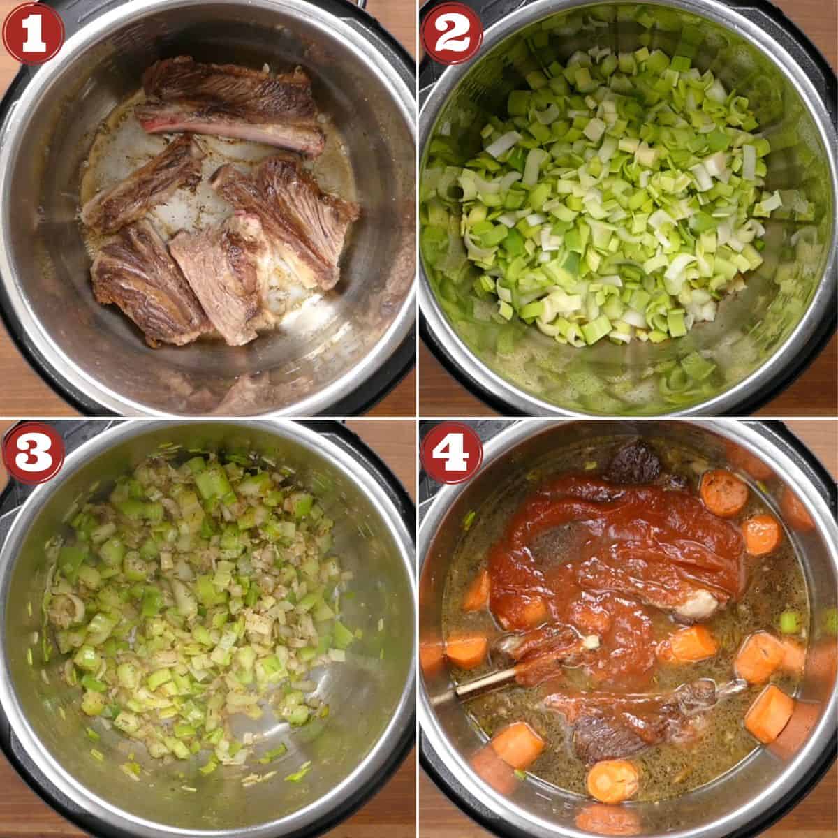 Instant Pot Beef Short Ribs Instructions collage- brown short ribs, add vegetables, saute vegetables, add remaining ingredients.