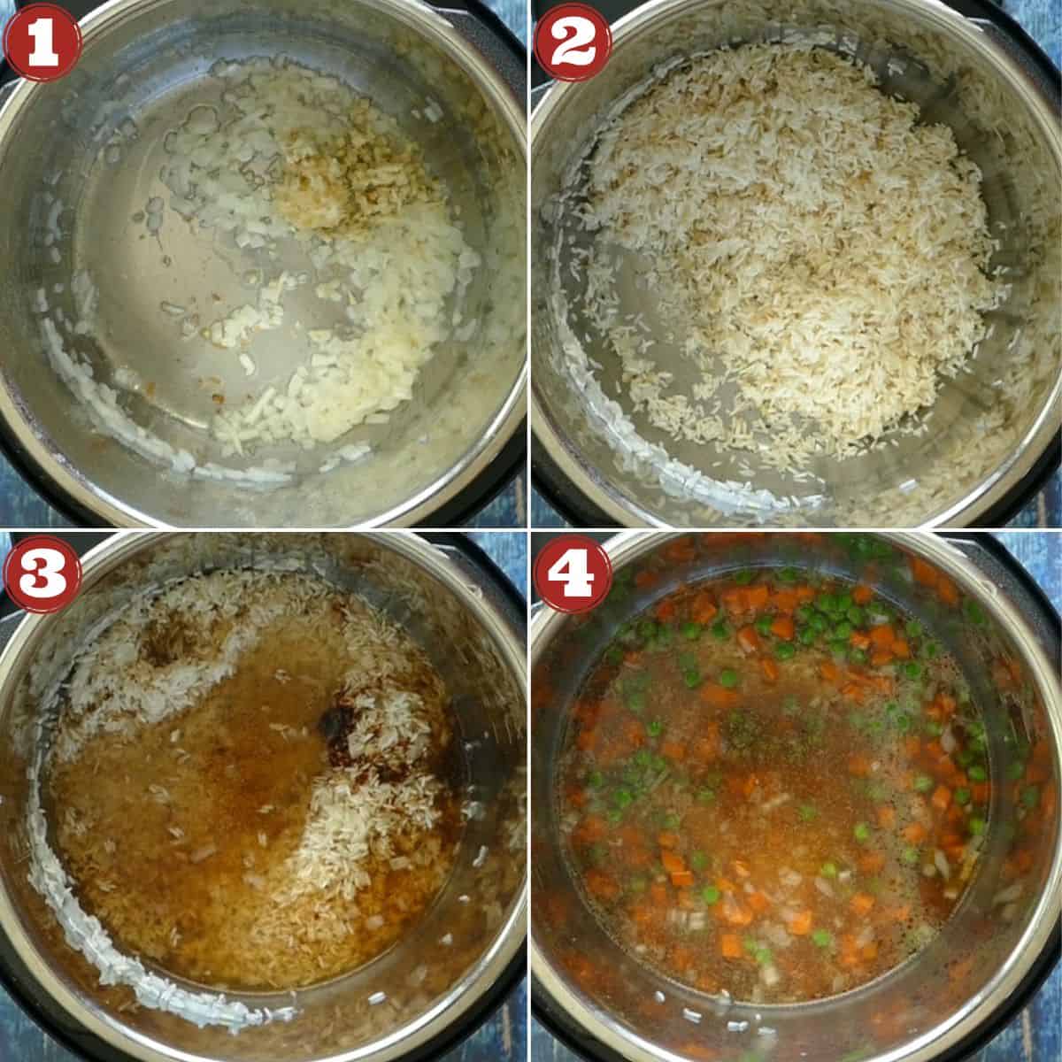 Instant Pot Fried Rice collage of fried rice stages of cooking. Onions, rice, liquid, vegetables.