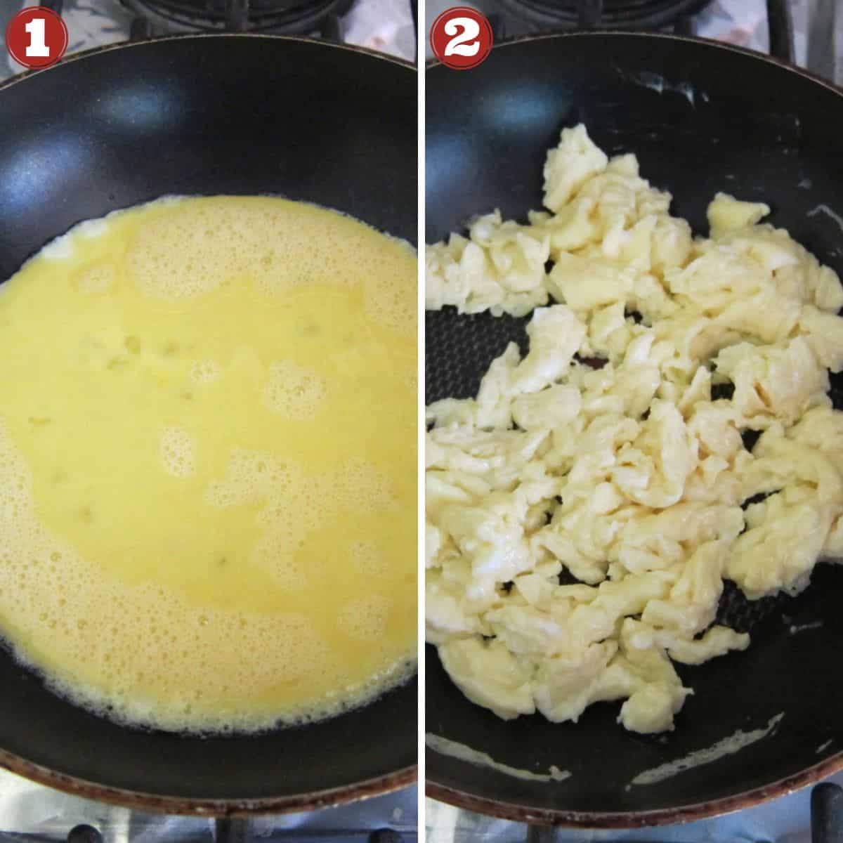 Instant Pot Fried Rice Instructions 4 collage - eggs in frying pan, scrambled eggs in frying pan.