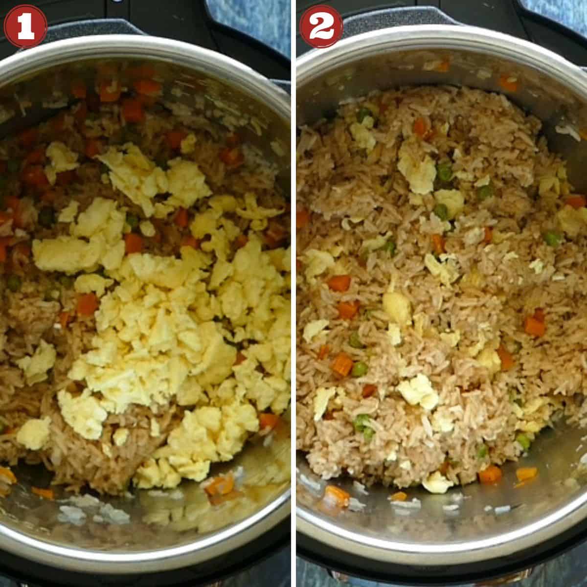 Instant Pot Fried Rice collage of rice with eggs added and then stirred.