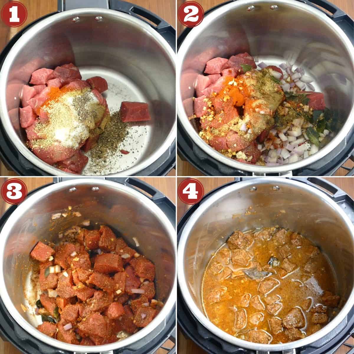 Kerala Beef Fry Beef Ularthiathu collage of cooking beef in pressure cooker.