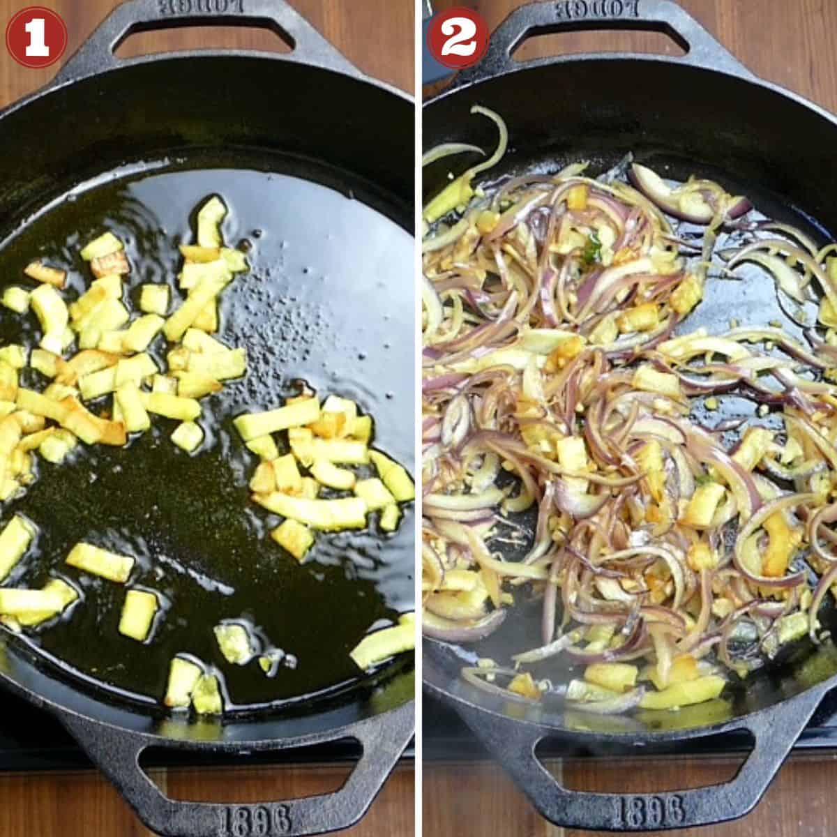 Kerala Beef Fry Beef Ularthiathu collage of frying coconut and onions.