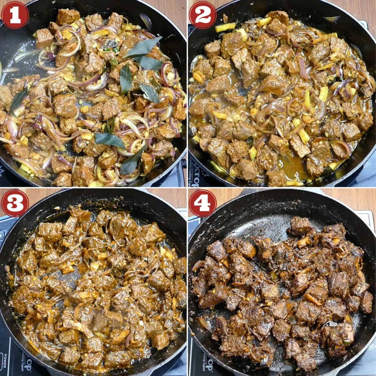 Kerala Beef Fry Beef Ularthiathu collage of the beef through the cooking stages.