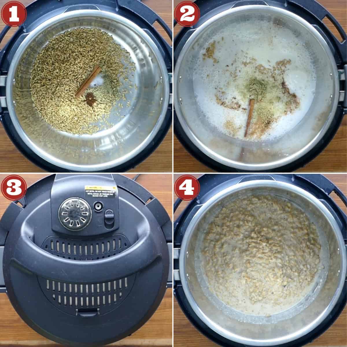 Oat Groats Instant Pot Instructions collage - oats, spices and liquid, lid on, cooked.