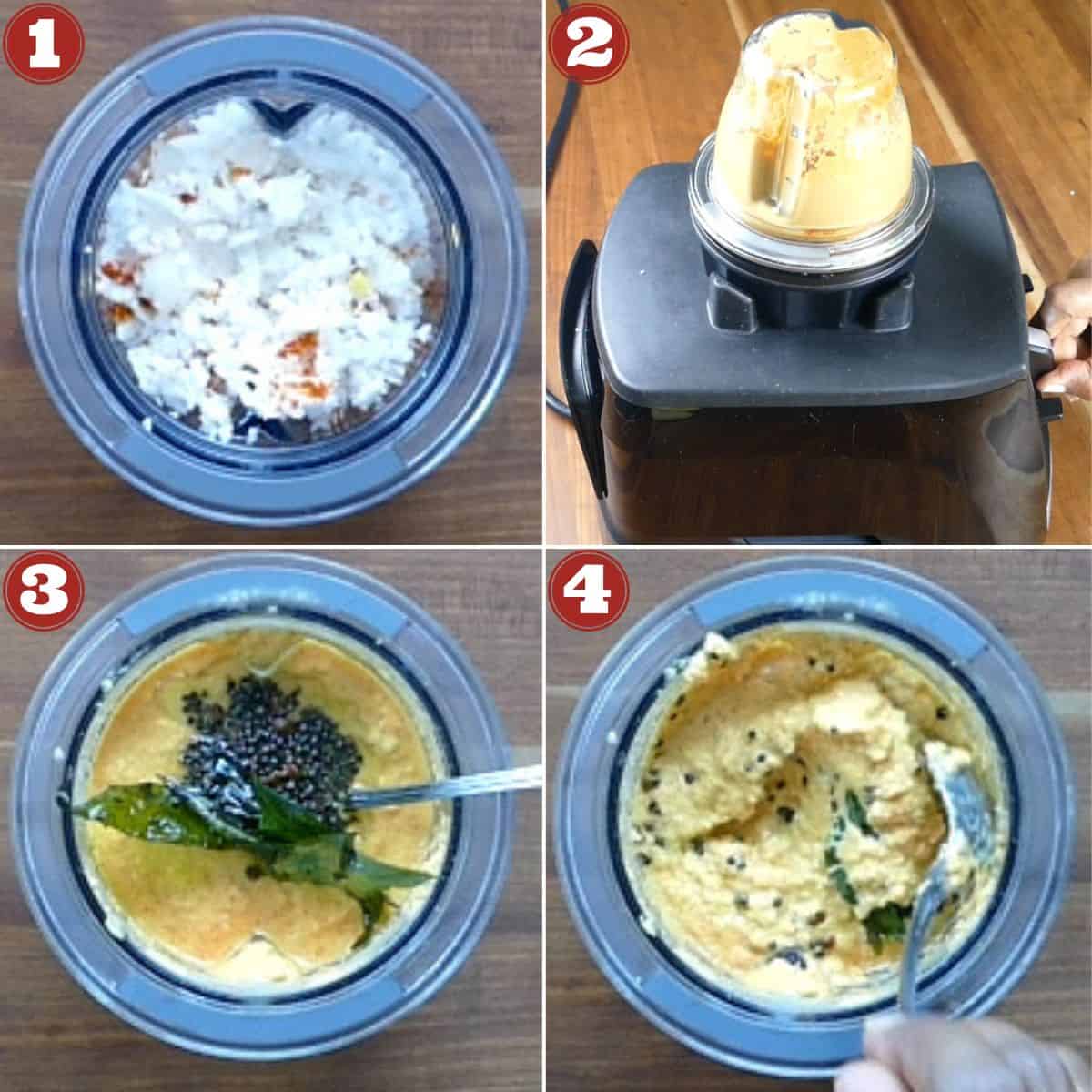 Coconut red chutney collage - grinding ingredients in jar, being blended, curry leaves and mustard seeds added, stirred.