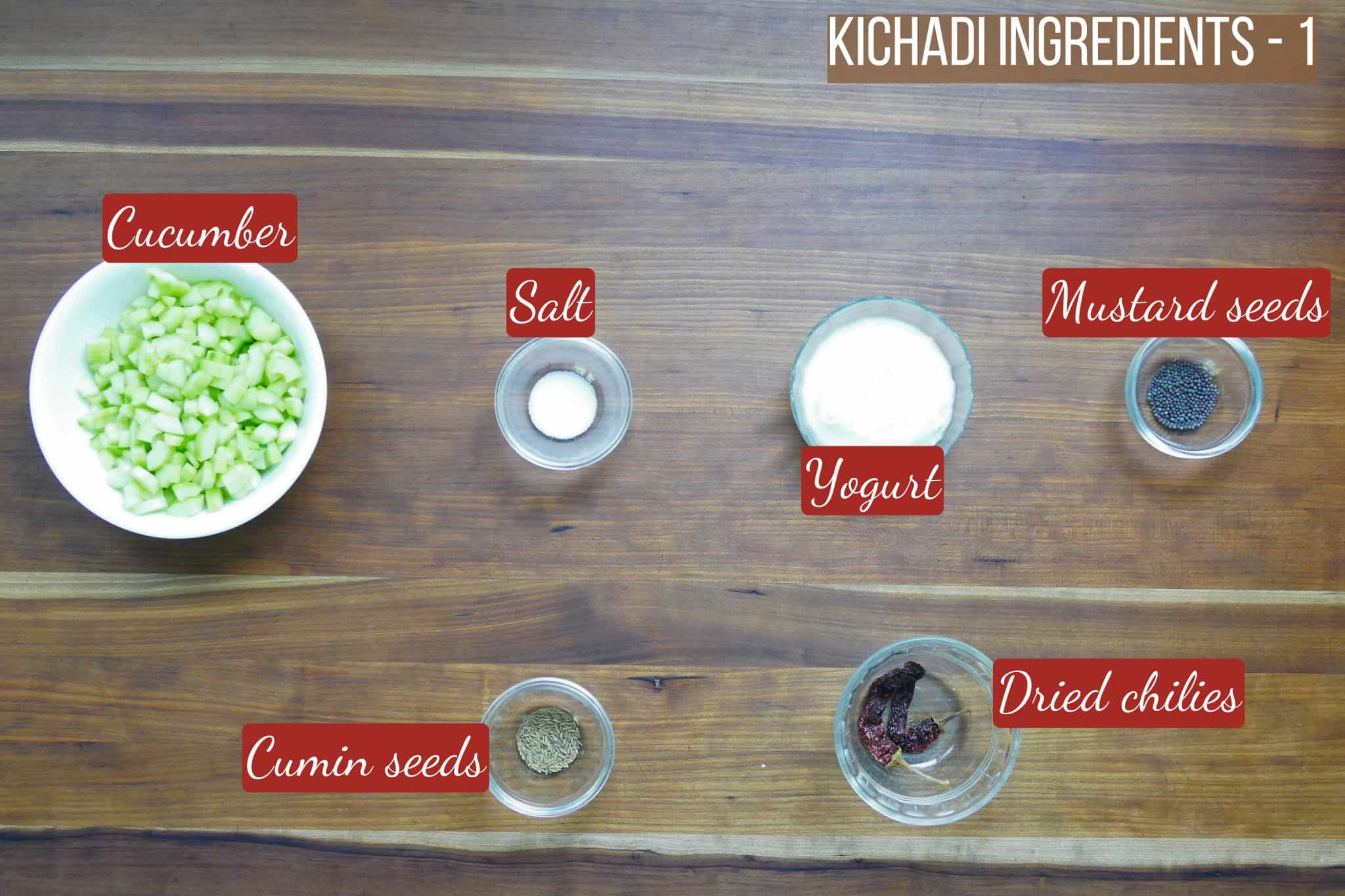 Kichadi ingredients on wooden counter - part 1.