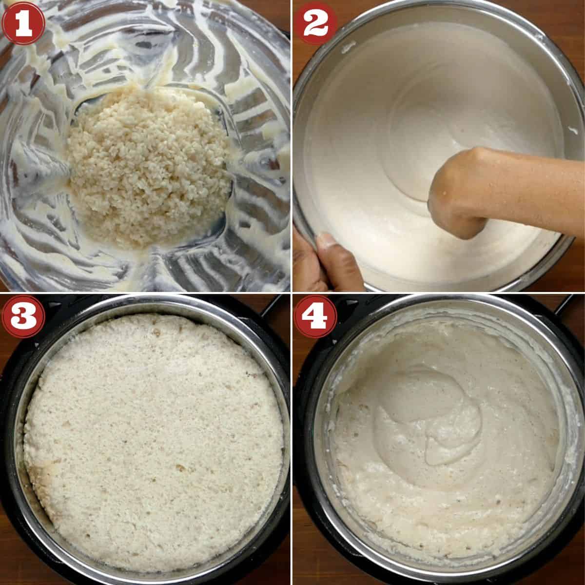 Collage of dosa batter - rice in blender, batter stirred by hand, batter risen in Instant Pot, batter mixed.