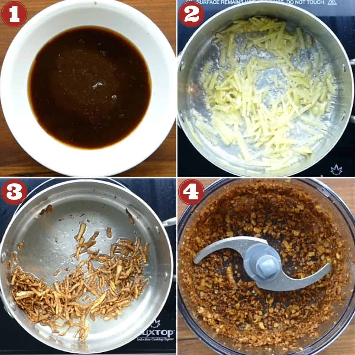 Inji Curry steps - soak tamarind and Fry and grind ginger.